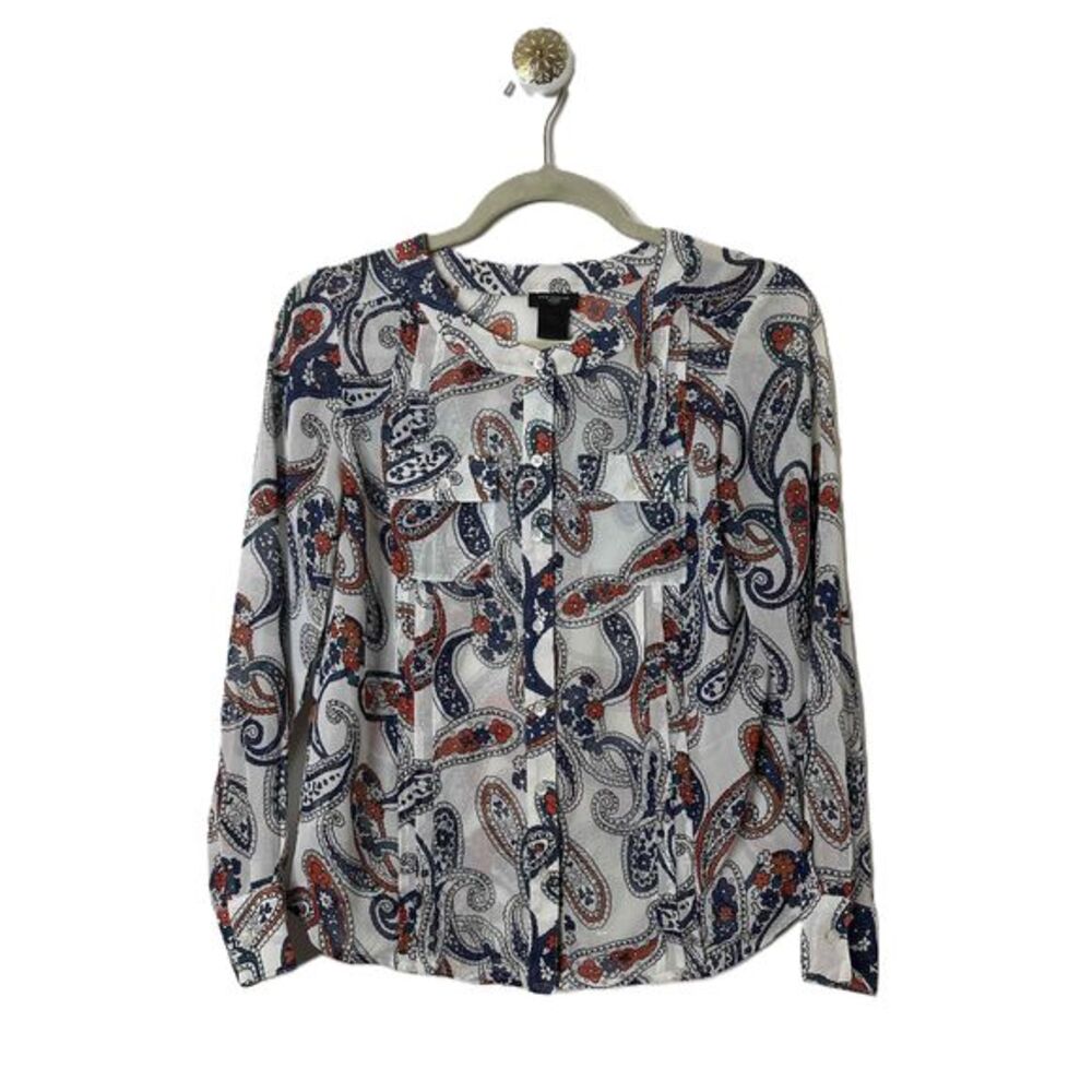 Ann Taylor Womens Size XXSP White Blue Red Ruffle L/S Button-Up Paisley Blouse